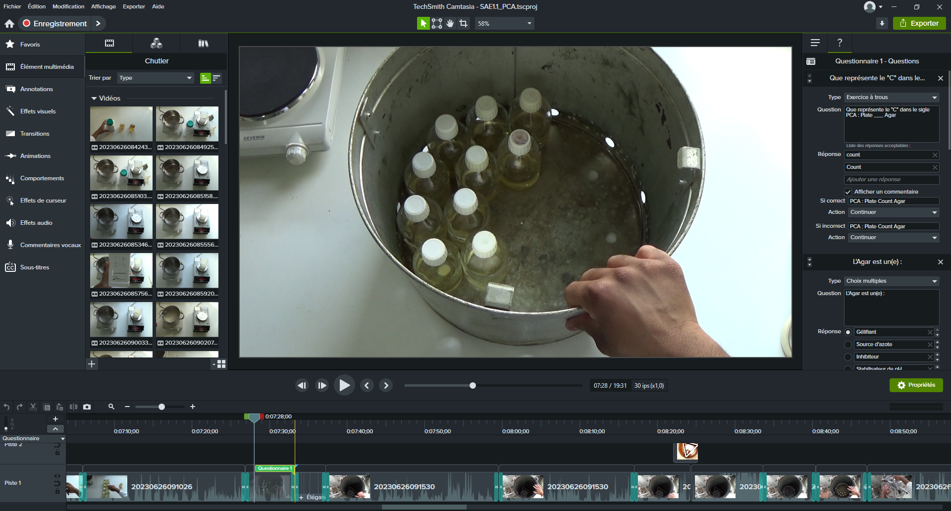 Paramétrage d'une question dans le montage vidéo